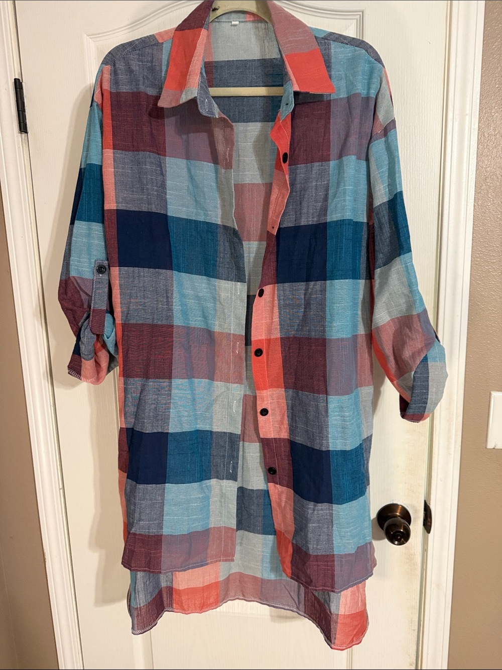 Lightweight Plaid Button-Down Tunic Shirt in Blue and Coral